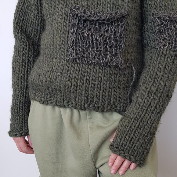 Wool  sweater, army green, hand knitted - Picture 2 of 6